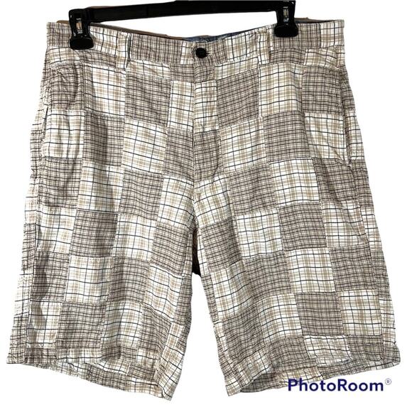 Chaps Patchwork Madras Plaid Shorts Sz 36 x 9" Inseam Brown Cream Preppy Coastal - Picture 1 of 5